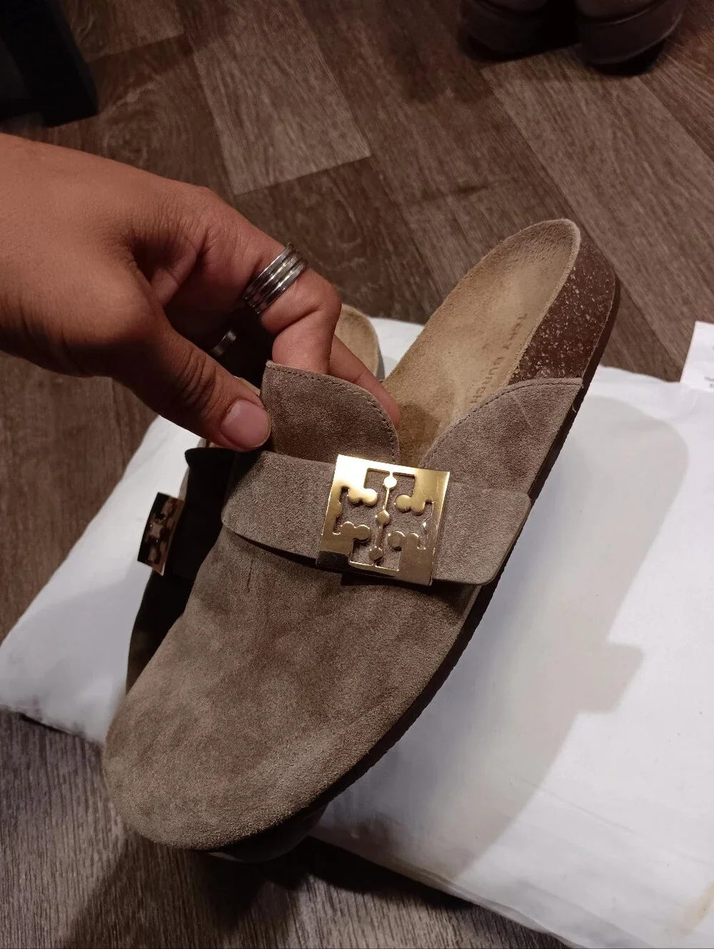 Tory Burch MELLOW MULE Brown Suede Slip-On Buckle Slides